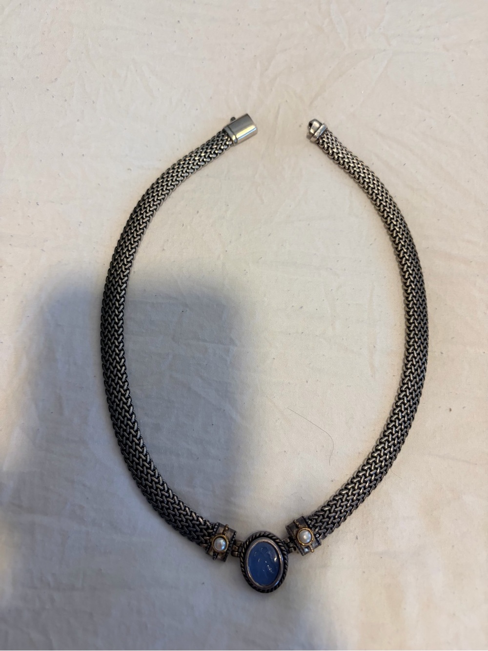 Fili Menegatti Silver-Tone Necklace with Blue Oval Stone and Pearl Accents